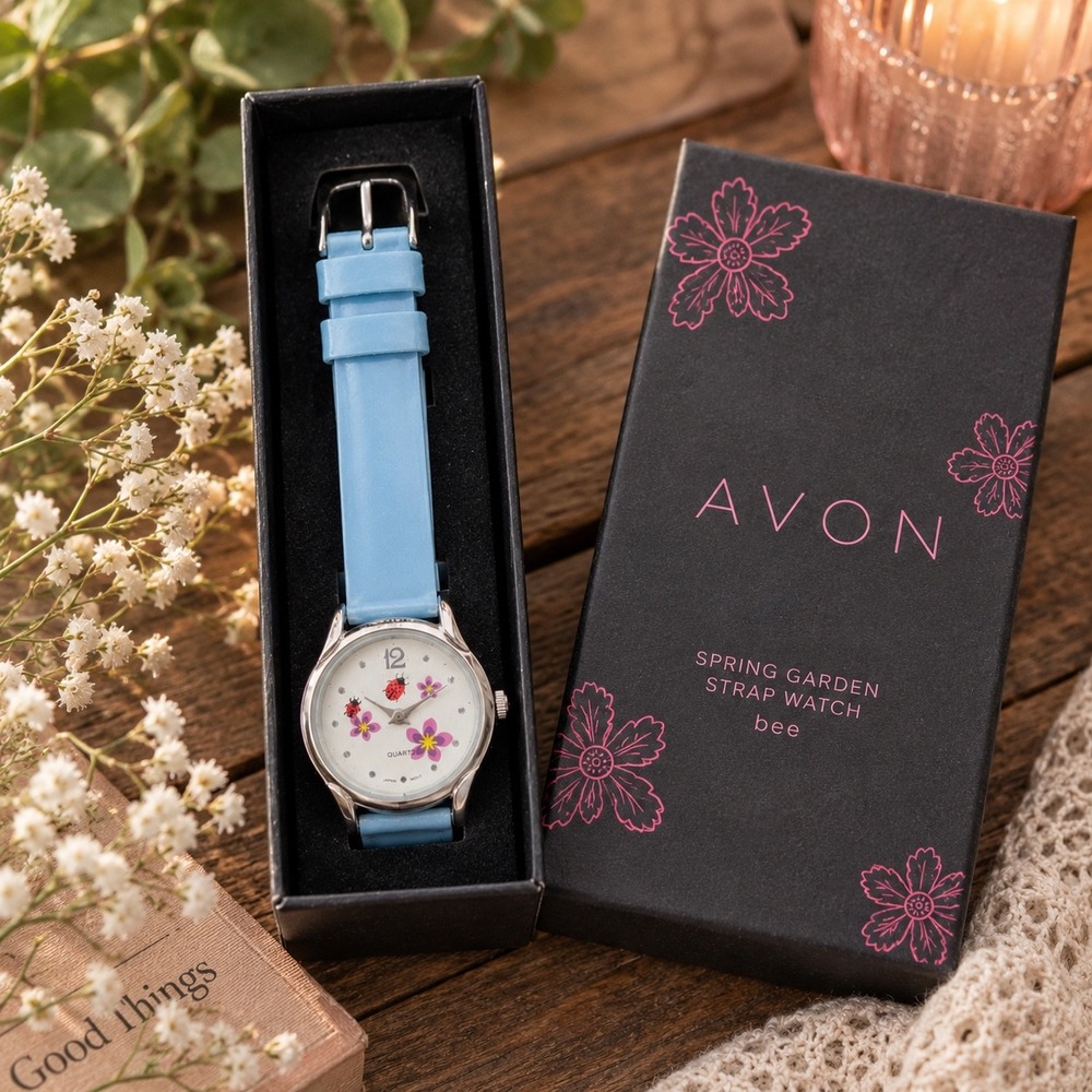 Avon Spring Garden Strap Watch Bee Ladybug Floral Blue Silicone Quartz New Box